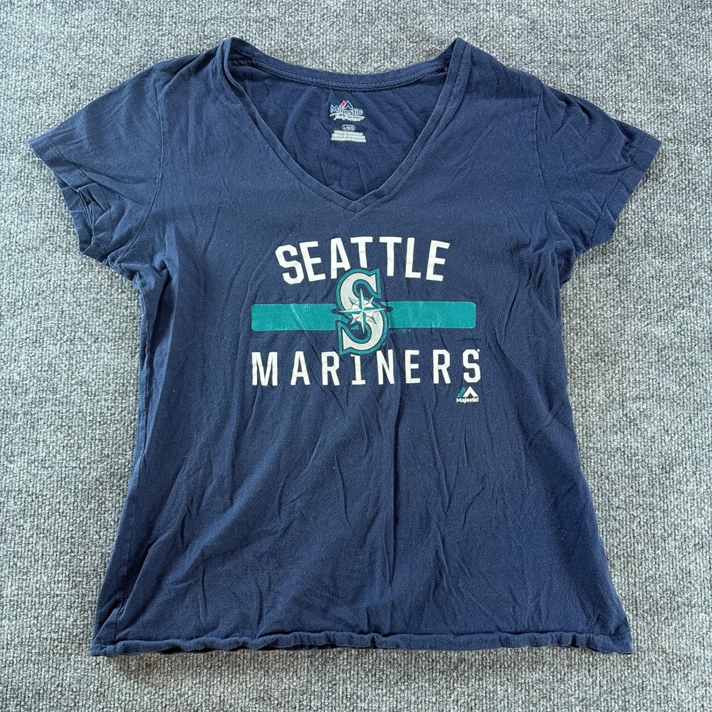 Majestic Seattle Mariners V-Neck Baseball T-Shirt Navy Blue Women Large MLB Fall